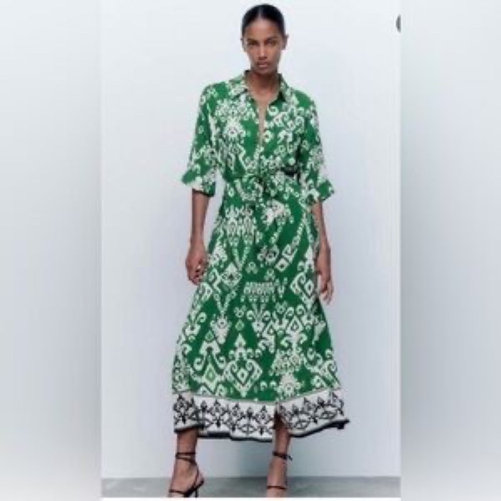 Zara Ikat Print Shirt Dress Tie Waist Medium